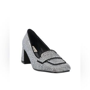 Bibi Lou Rhinestone Loafers 2.5” Block Heels Silver & Black EU size 39 = US 8.5